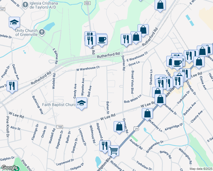 map of restaurants, bars, coffee shops, grocery stores, and more near 203 Bahan Street in Taylors