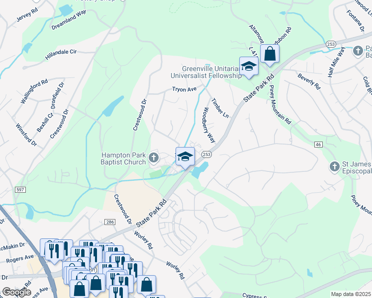 map of restaurants, bars, coffee shops, grocery stores, and more near 101 Bankside Lane in Greenville