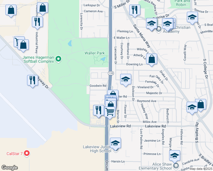 map of restaurants, bars, coffee shops, grocery stores, and more near 163 Goodwin Road in Orcutt