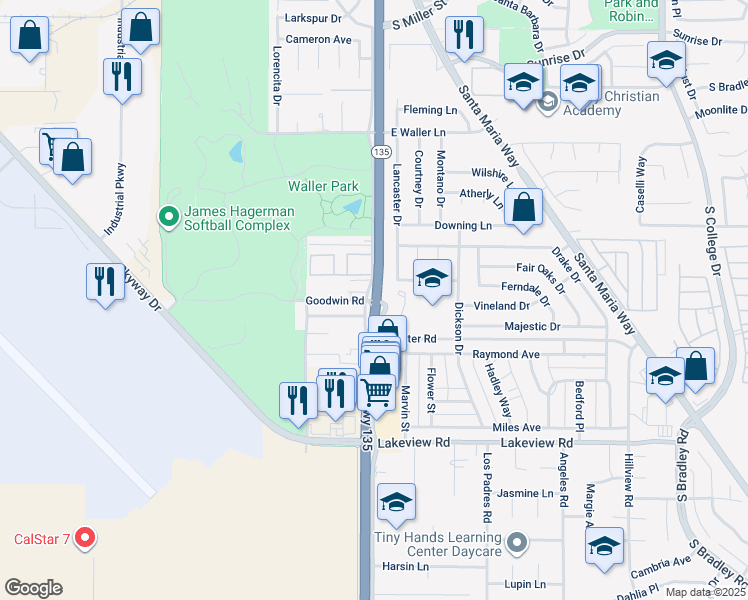 map of restaurants, bars, coffee shops, grocery stores, and more near 101 Goodwin Road in Santa Maria
