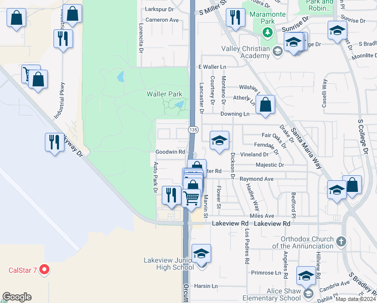 map of restaurants, bars, coffee shops, grocery stores, and more near 113 Goodwin Road in Santa Maria