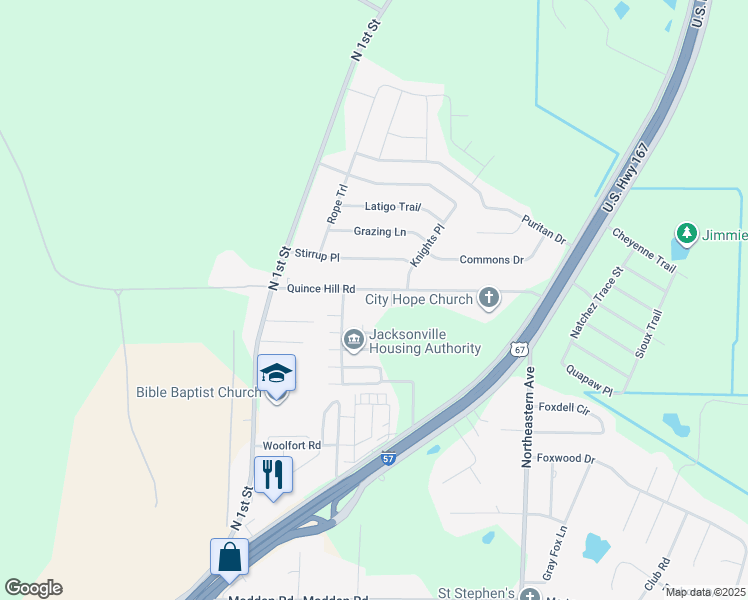map of restaurants, bars, coffee shops, grocery stores, and more near 1001 Quince Hill Road in Jacksonville