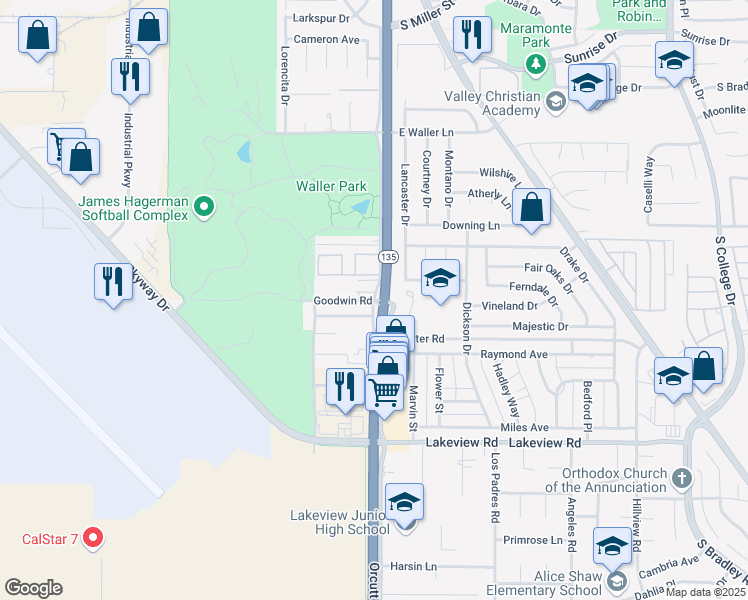 map of restaurants, bars, coffee shops, grocery stores, and more near 129 Goodwin Road in Santa Maria
