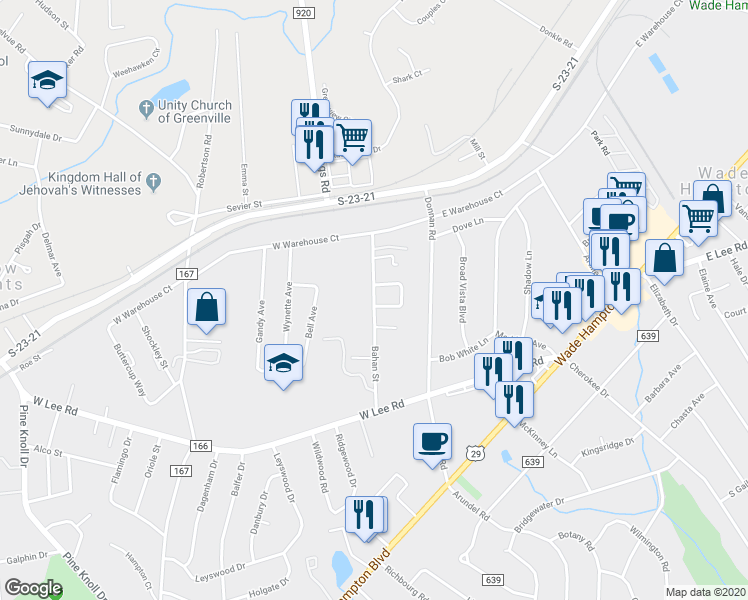 map of restaurants, bars, coffee shops, grocery stores, and more near 301 Bahan Street in Taylors