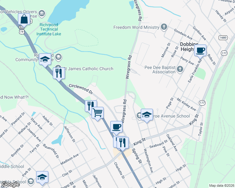 map of restaurants, bars, coffee shops, grocery stores, and more near 101-1506 Quail Hollow Drive in Hamlet