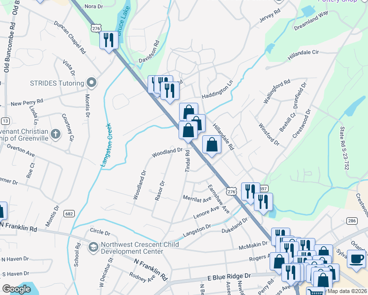 map of restaurants, bars, coffee shops, grocery stores, and more near 515 Tindal Road in Greenville