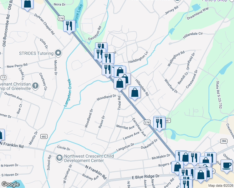 map of restaurants, bars, coffee shops, grocery stores, and more near 515 Tindal Road in Greenville