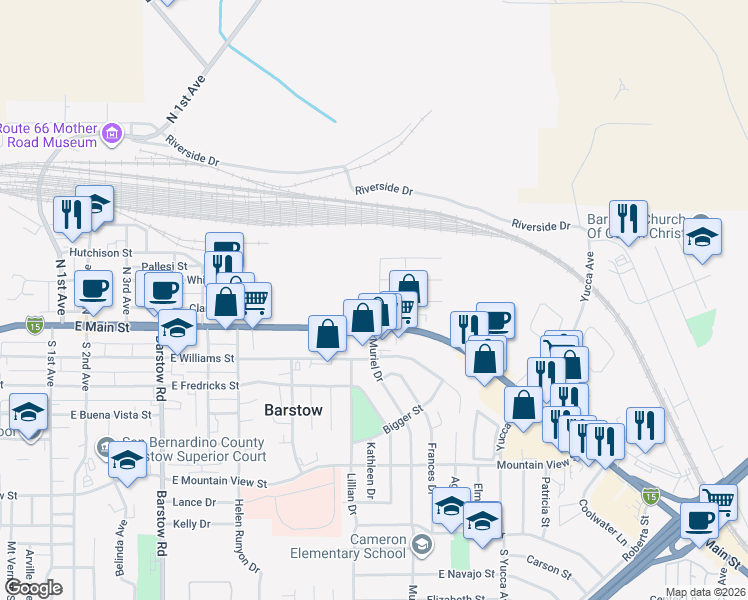 map of restaurants, bars, coffee shops, grocery stores, and more near 1001 East Main Street in Barstow