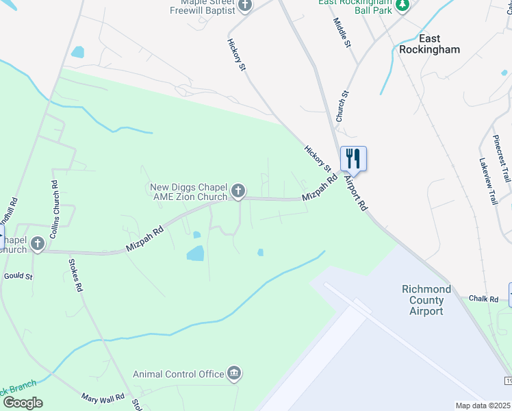 map of restaurants, bars, coffee shops, grocery stores, and more near 173 Mizpah Road in Rockingham