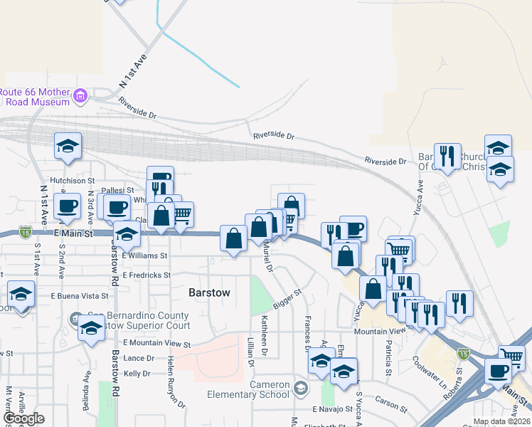 map of restaurants, bars, coffee shops, grocery stores, and more near 1001 East Main Street in Barstow