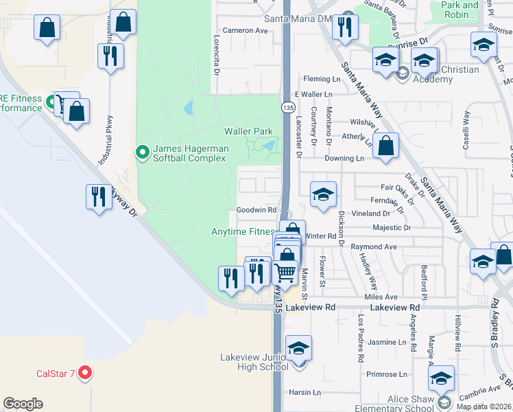 map of restaurants, bars, coffee shops, grocery stores, and more near 210 Moondance Lane in Santa Maria
