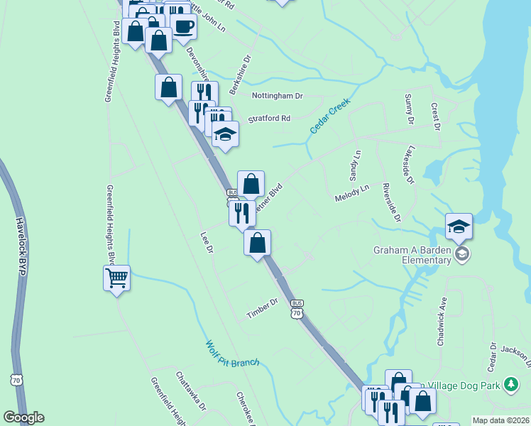 map of restaurants, bars, coffee shops, grocery stores, and more near State Road 1765 in Havelock