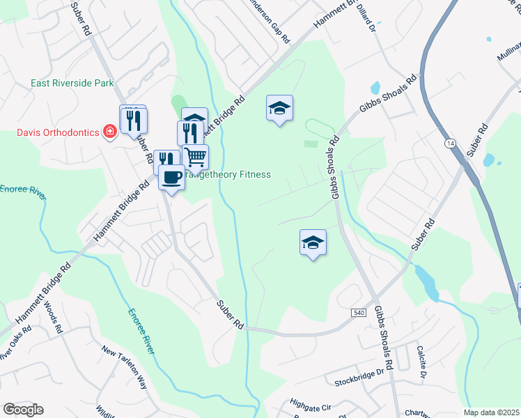 map of restaurants, bars, coffee shops, grocery stores, and more near 199 Four Meadows Lane in Greer