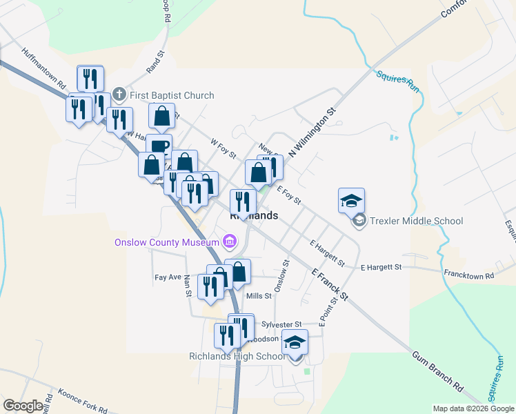 map of restaurants, bars, coffee shops, grocery stores, and more near 105 Wilmington Street in Richlands