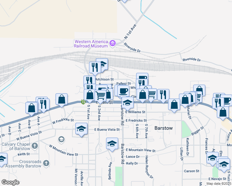 map of restaurants, bars, coffee shops, grocery stores, and more near 305 North 3rd Avenue in Barstow