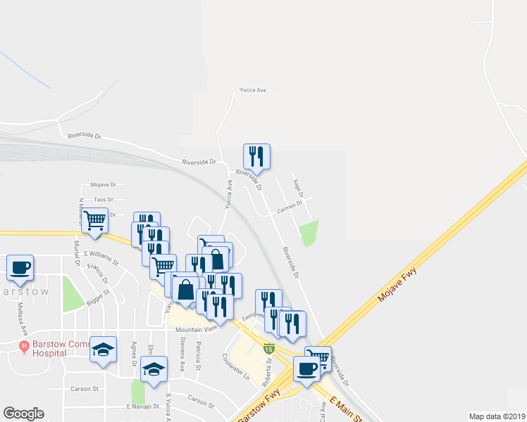 map of restaurants, bars, coffee shops, grocery stores, and more near 1360 Riverside Drive in Barstow