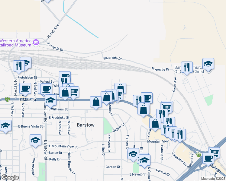map of restaurants, bars, coffee shops, grocery stores, and more near 1001 Taos Drive in Barstow