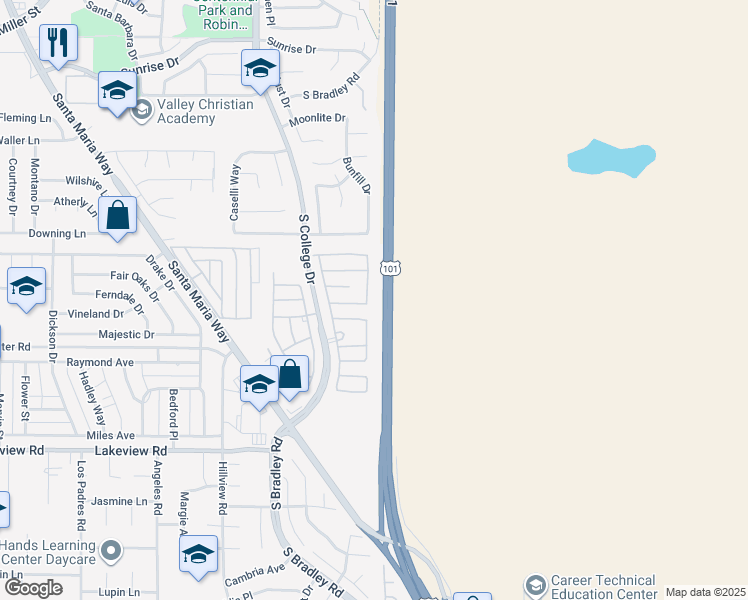 map of restaurants, bars, coffee shops, grocery stores, and more near 3260 Meadow View Drive in Santa Maria