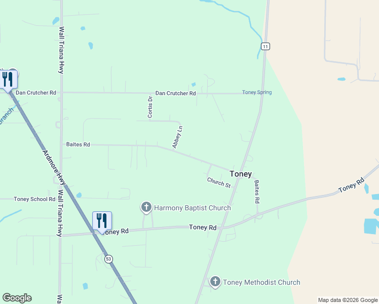 map of restaurants, bars, coffee shops, grocery stores, and more near 317 Baites Road in Toney