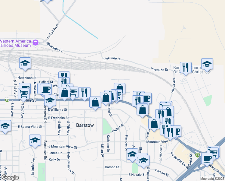 map of restaurants, bars, coffee shops, grocery stores, and more near 1001 Taos Drive in Barstow