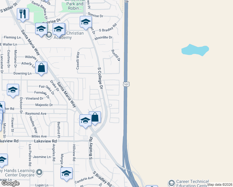 map of restaurants, bars, coffee shops, grocery stores, and more near 955 Quail Meadows Court in Santa Maria