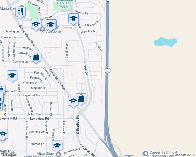 map of restaurants, bars, coffee shops, grocery stores, and more near 977 South Ridge View Drive in Santa Maria