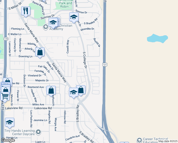 map of restaurants, bars, coffee shops, grocery stores, and more near 3236 Greenacre Drive in Santa Maria