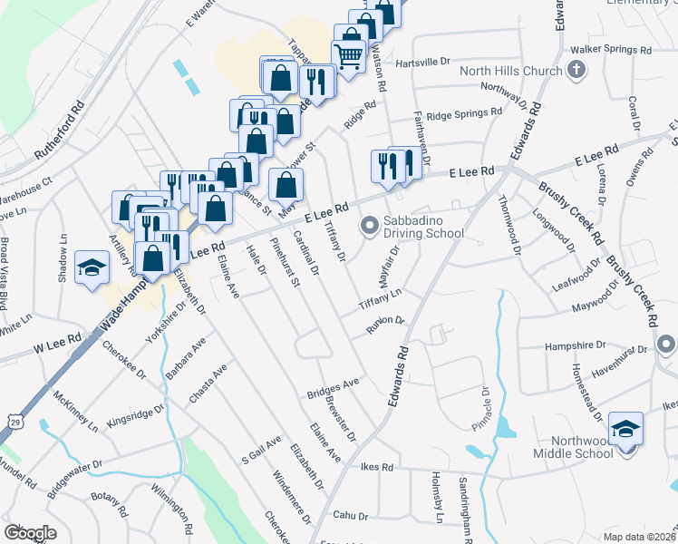 map of restaurants, bars, coffee shops, grocery stores, and more near 10 Tiffany Drive in Taylors