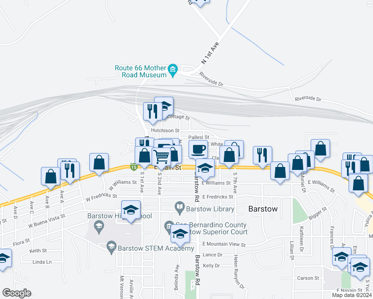 map of restaurants, bars, coffee shops, grocery stores, and more near 213 North 3rd Avenue in Barstow