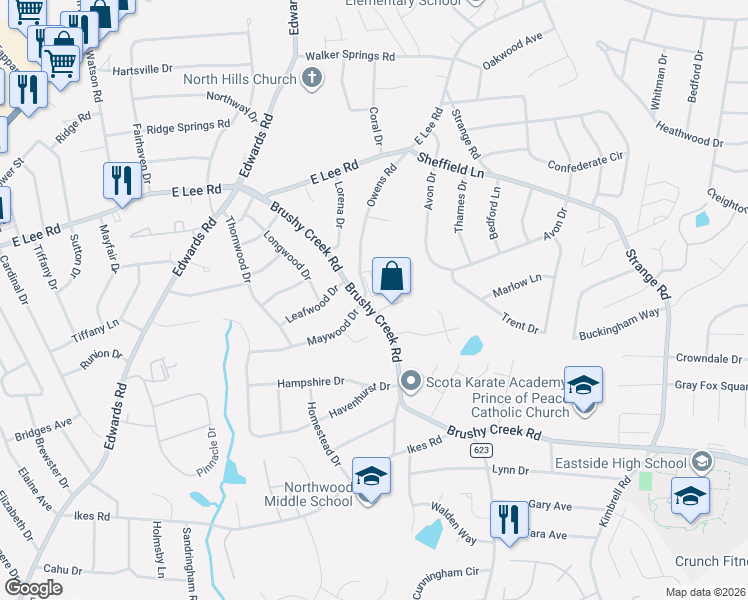 map of restaurants, bars, coffee shops, grocery stores, and more near 5 Harvest Bell Lane in Taylors