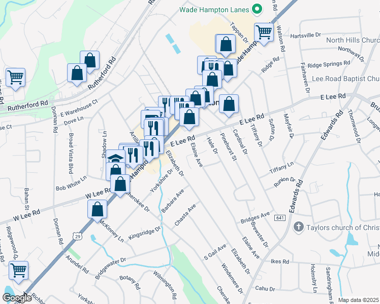 map of restaurants, bars, coffee shops, grocery stores, and more near 6 East Lee Road in Taylors