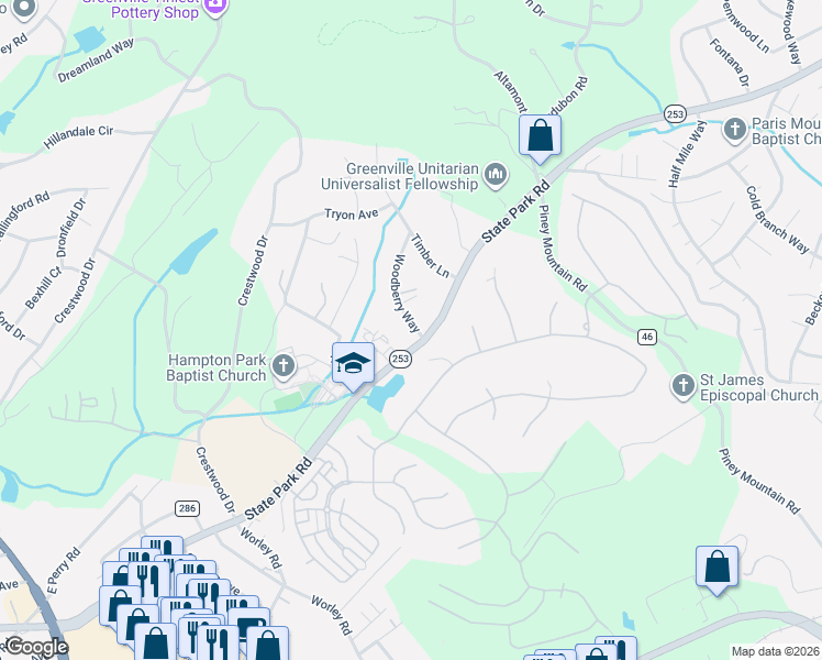 map of restaurants, bars, coffee shops, grocery stores, and more near 8 Woodberry Way in Greenville