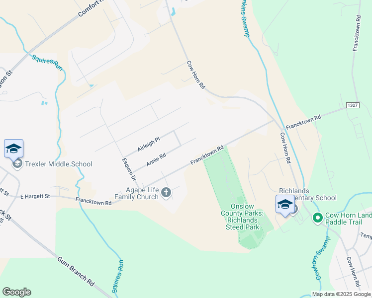 map of restaurants, bars, coffee shops, grocery stores, and more near 128 Annie Road in Richlands
