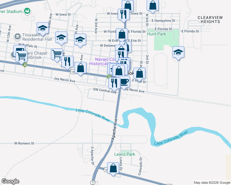 map of restaurants, bars, coffee shops, grocery stores, and more near 119 Southwest Central Avenue in Holbrook