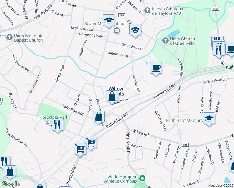 map of restaurants, bars, coffee shops, grocery stores, and more near 201 Pisgah Drive in Greenville
