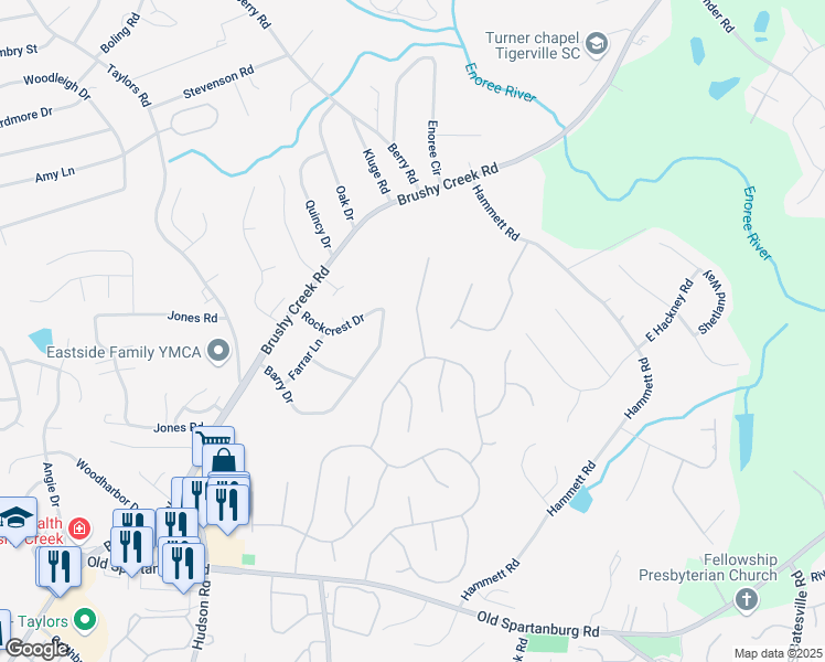 map of restaurants, bars, coffee shops, grocery stores, and more near 316 Barry Drive in Greer