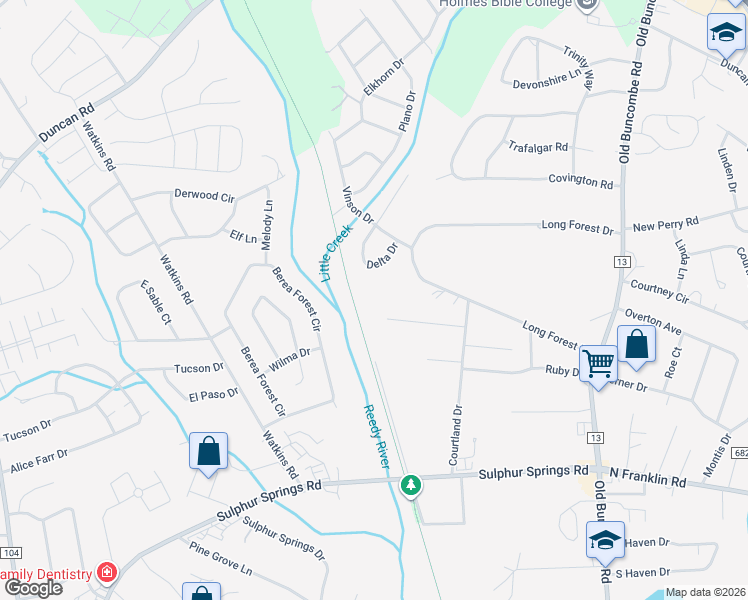 map of restaurants, bars, coffee shops, grocery stores, and more near 18786 Long Forest Drive in Greenville