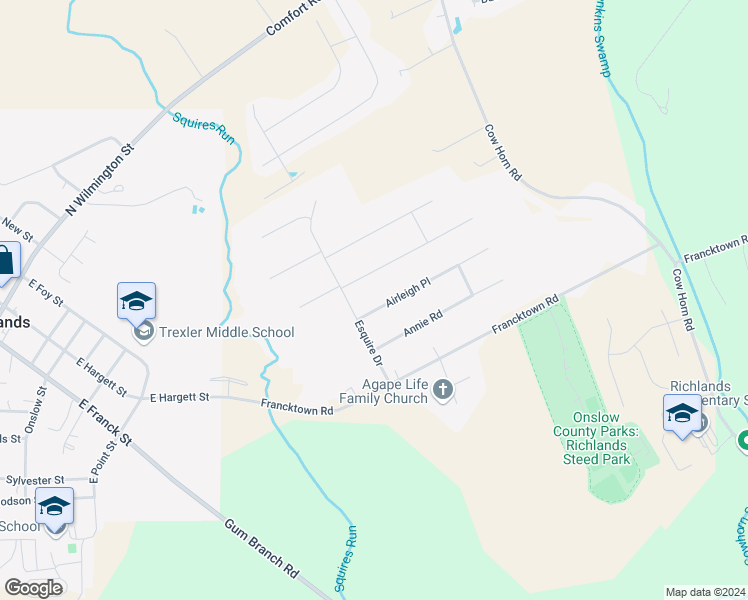 map of restaurants, bars, coffee shops, grocery stores, and more near 105 Airleigh Place in Richlands