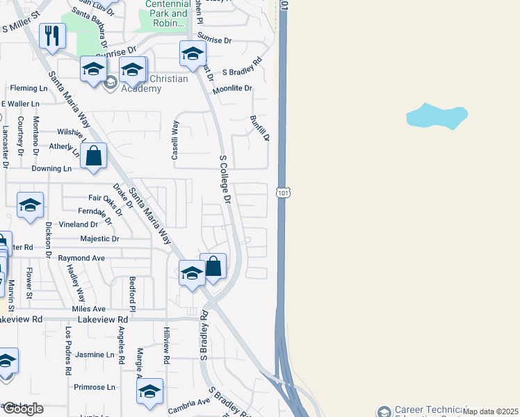 map of restaurants, bars, coffee shops, grocery stores, and more near 986 Quail Meadows Court in Santa Maria