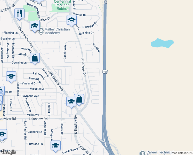 map of restaurants, bars, coffee shops, grocery stores, and more near 986 Quail Meadows Court in Santa Maria