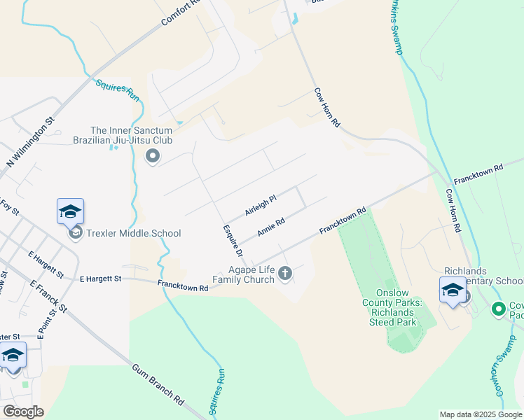 map of restaurants, bars, coffee shops, grocery stores, and more near 112 Airleigh Place in Richlands