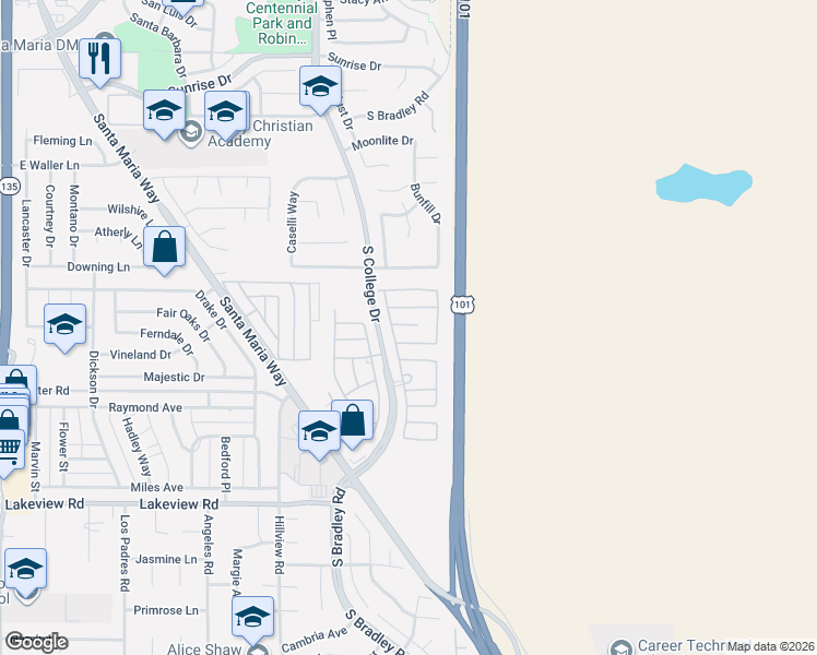 map of restaurants, bars, coffee shops, grocery stores, and more near 955 Quail Meadows Court in Santa Maria