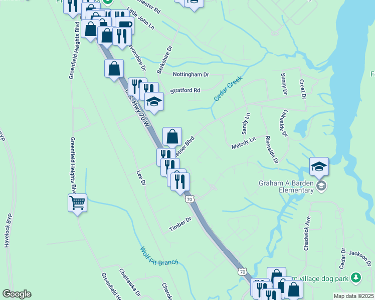 map of restaurants, bars, coffee shops, grocery stores, and more near 108 Ketner Boulevard in Havelock