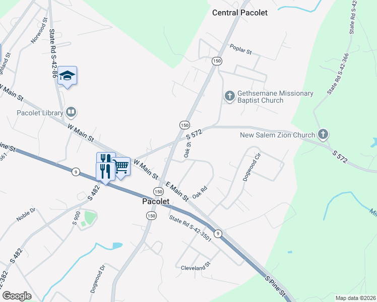 map of restaurants, bars, coffee shops, grocery stores, and more near 240 Oak Road in Pacolet