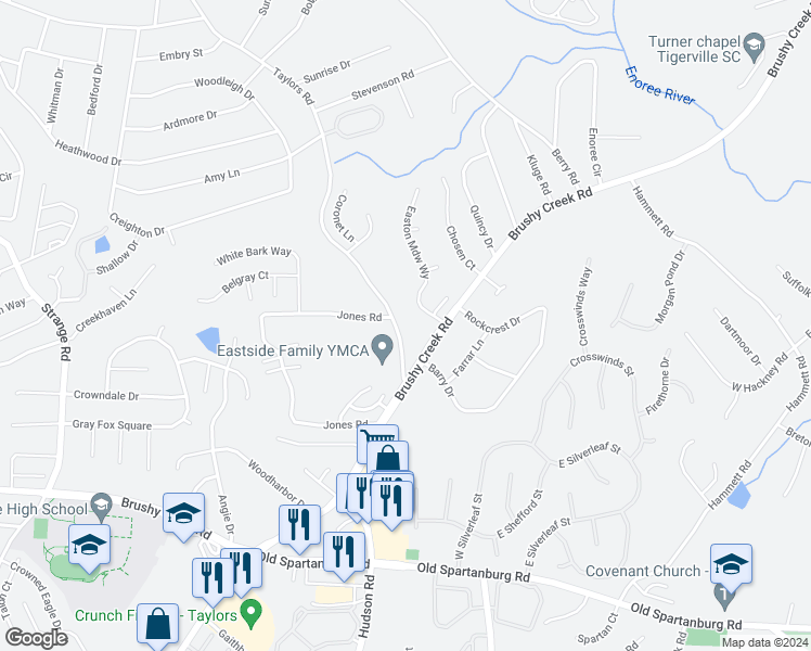 map of restaurants, bars, coffee shops, grocery stores, and more near 1245 Taylors Road in Taylors