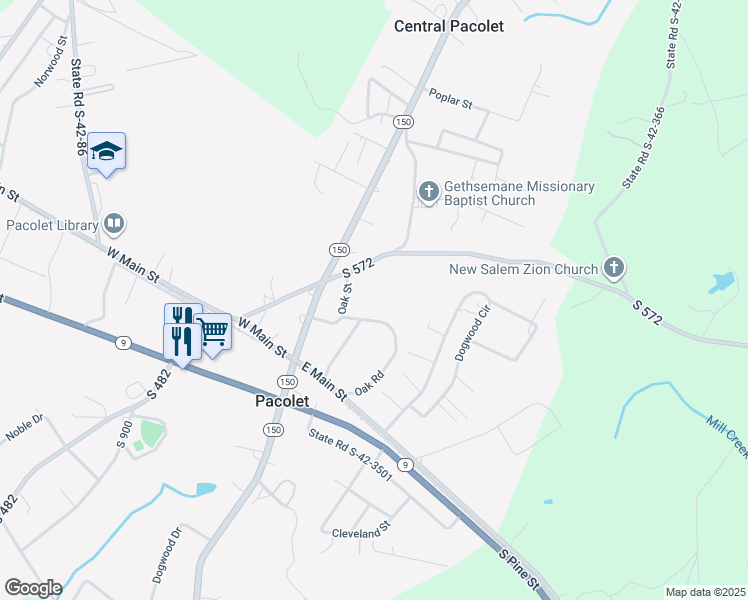 map of restaurants, bars, coffee shops, grocery stores, and more near 180 Oak Rd in Pacolet