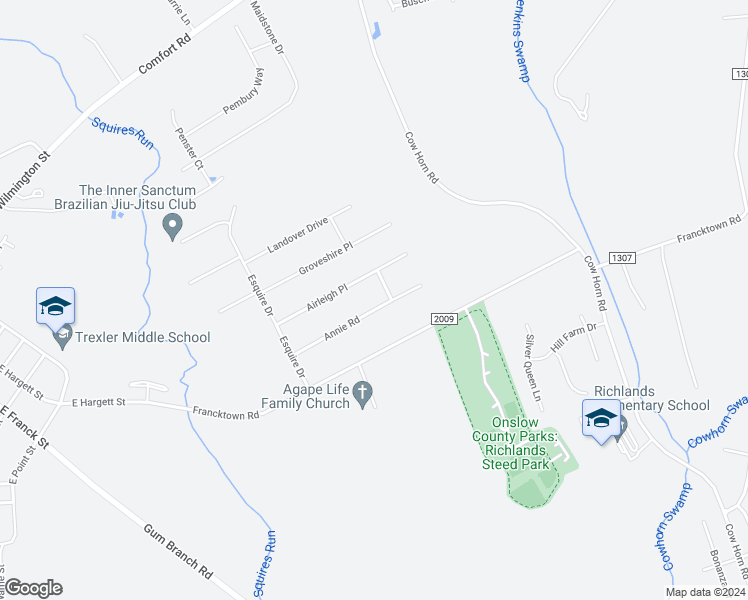 map of restaurants, bars, coffee shops, grocery stores, and more near 123 Annie Road in Richlands