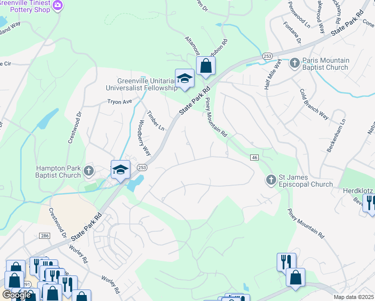 map of restaurants, bars, coffee shops, grocery stores, and more near 205 Capri Court in Greenville