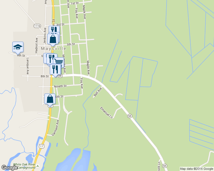 map of restaurants, bars, coffee shops, grocery stores, and more near 86 8th Street in Maysville