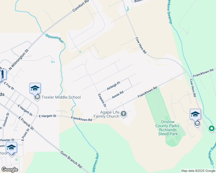 map of restaurants, bars, coffee shops, grocery stores, and more near 109 Airleigh Place in Richlands